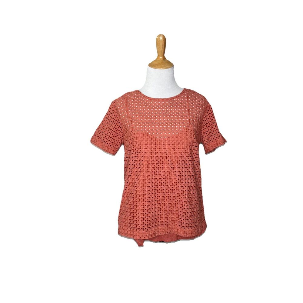 A New Day Womens Short Sleeve 100% Cotton Eyelet Top With Camisole Coral Pink M
